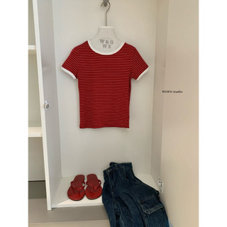 𝐏𝐡𝐢𝐞𝐧𝐖𝐆𝐖𝐄 | (Sẵn) w9173 Áo Thun Kẻ Ngang Viền Màu Cổ Tròn Bo Ôm Người