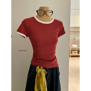 𝐏𝐡𝐢𝐞𝐧𝐖𝐆𝐖𝐄 | (Sẵn) w9173 Áo Thun Kẻ Ngang Viền Màu Cổ Tròn Bo Ôm Người