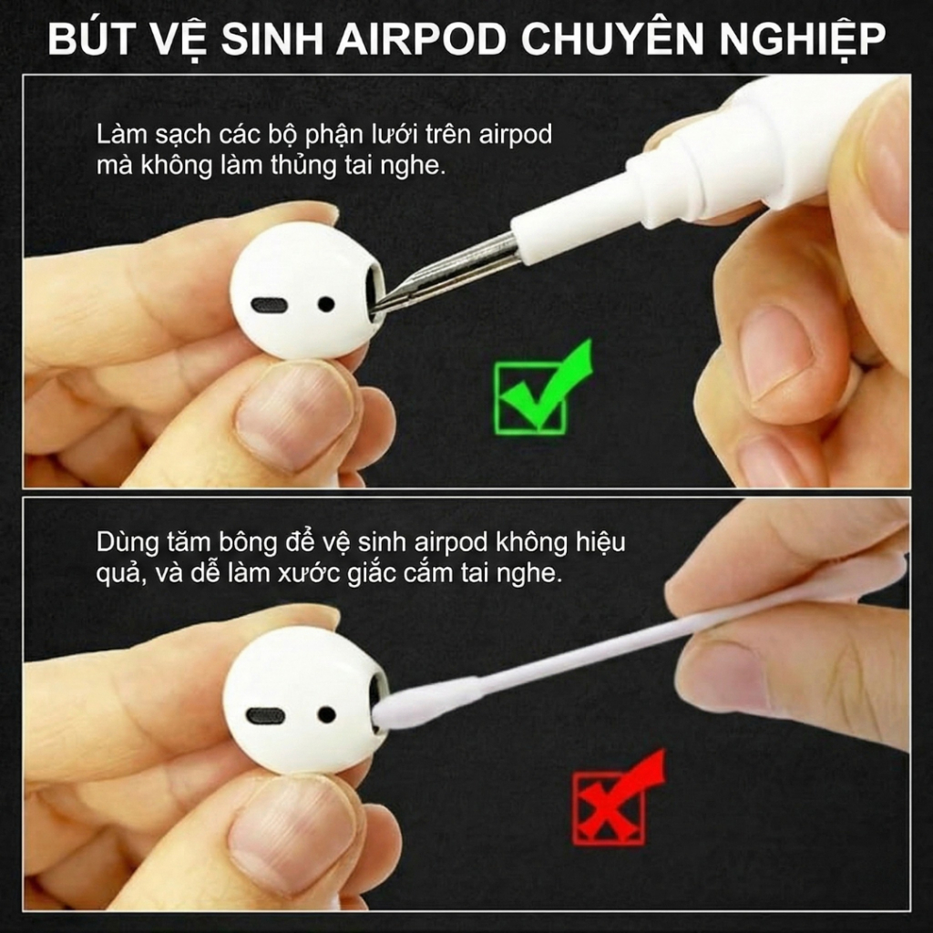 Bút Vệ Sinh Tai Nghe Đa Năng 3in1, Dụng Cụ Vệ Sinh AirPods, Tai Nghe Bluetooth, Bàn Phím, Điện Thoại
