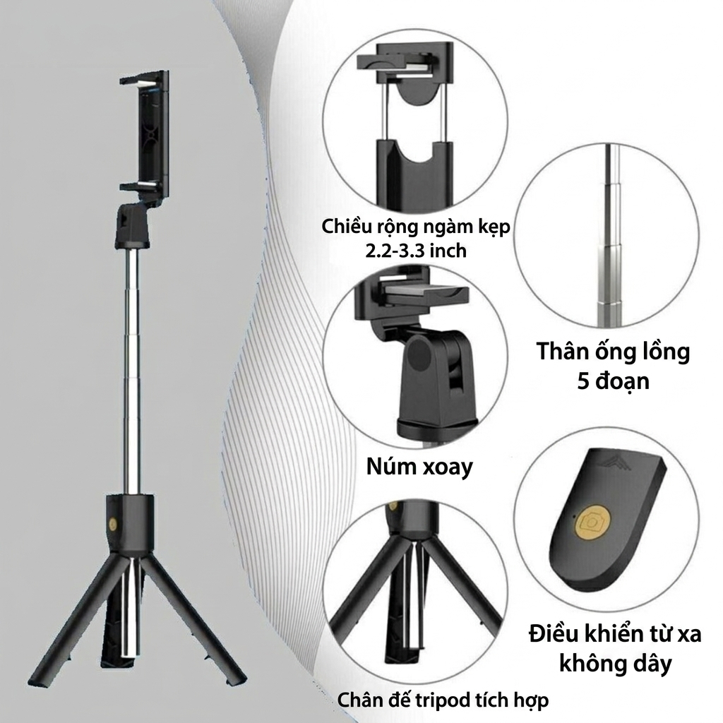 Gậy Selfie Tripod 3 Chân Bluetooth 70cm Có Remote – Xoay 360°, Gấp Gọn, Quay Video Livestream
