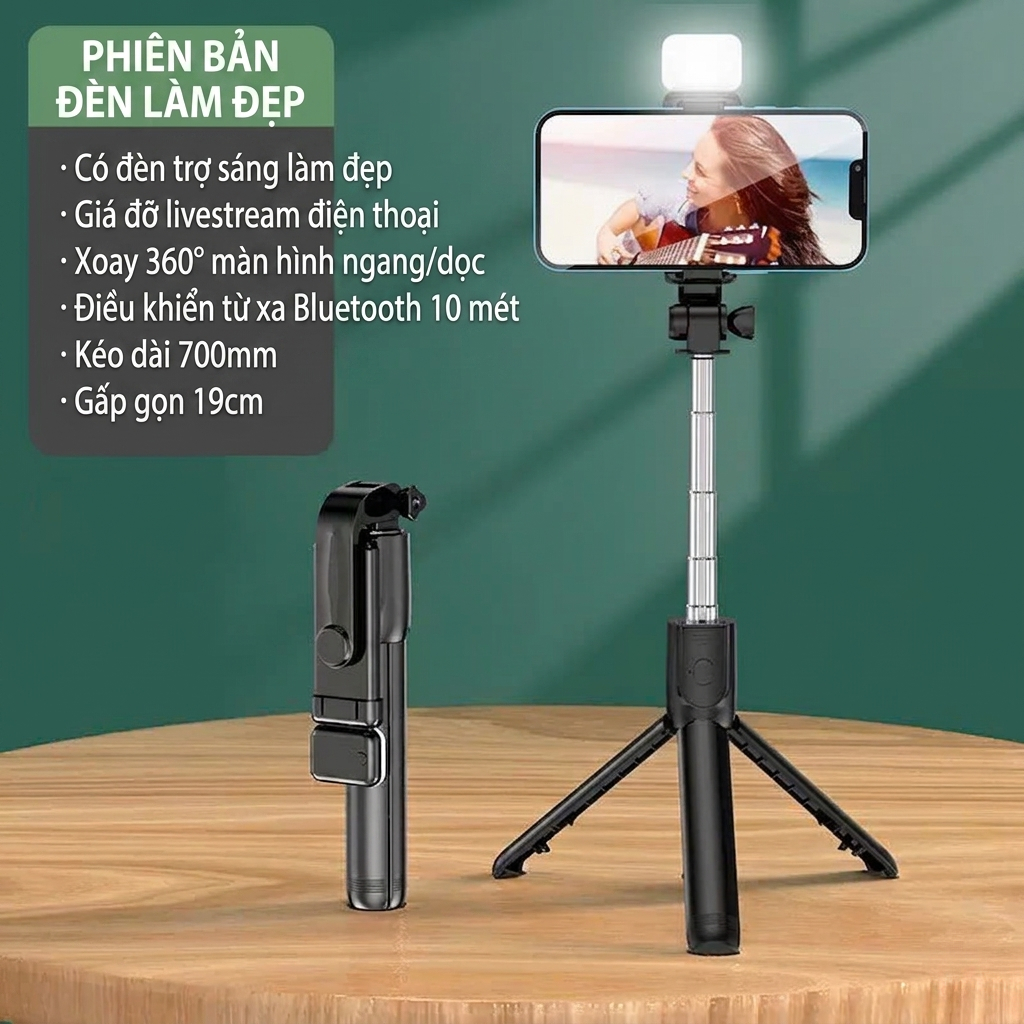 Gậy Selfie Tripod 3 Chân Bluetooth 70cm Có Remote – Xoay 360°, Gấp Gọn, Quay Video Livestream