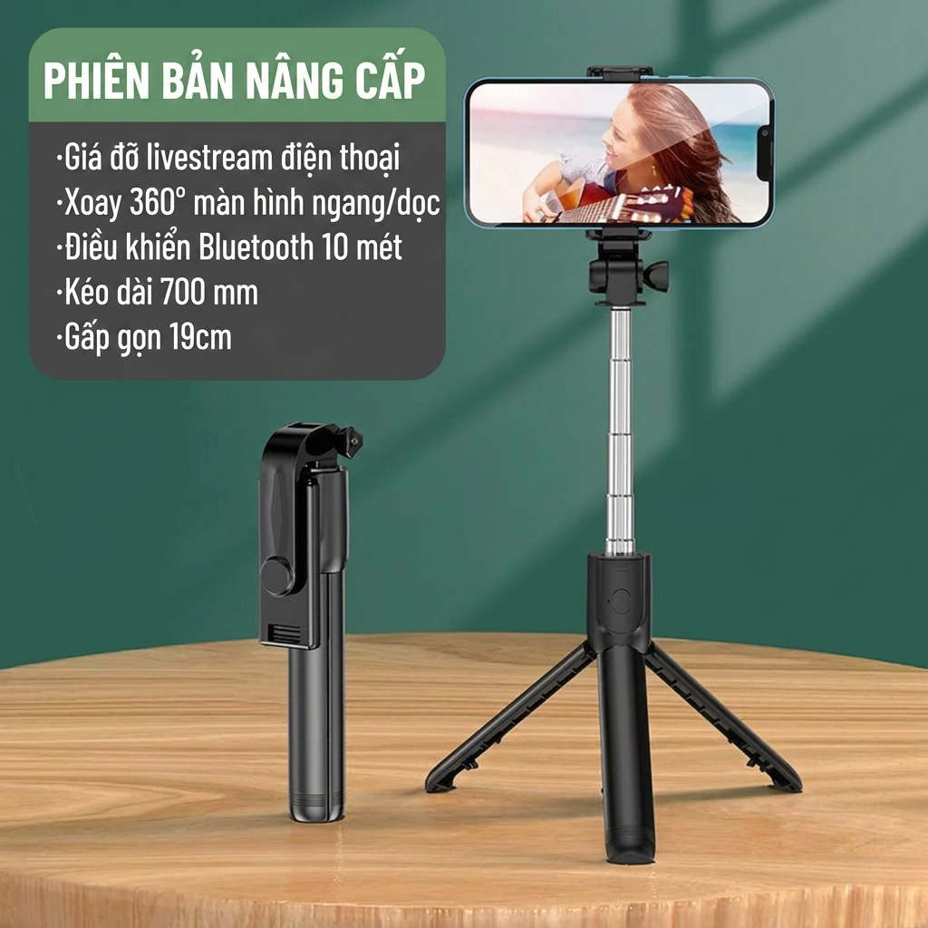 Gậy Selfie Tripod 3 Chân Bluetooth 70cm Có Remote – Xoay 360°, Gấp Gọn, Quay Video Livestream