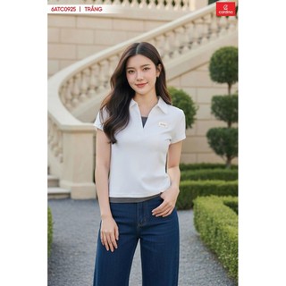 ( Sẵn) 5ATC22 Áo thun nữ CARDINA cổ bẻ phối gấu chất cotton ôm dáng nịnh eo