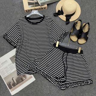 Set đồ bộ sọc nữ bigsize áo thun tay ngắn + quần short bèo dễ thương, mặc nhà thoải mái, form rộng mát mẻ SET868