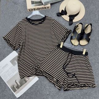 Set đồ bộ sọc nữ bigsize áo thun tay ngắn + quần short bèo dễ thương, mặc nhà thoải mái, form rộng mát mẻ SET868