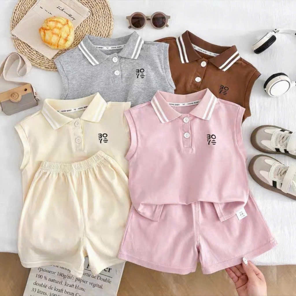 Set Polo Bé Gái Bé Trai Mùa Hè – Đồ Bộ Trẻ Em Cotton Mềm Mịn, Form Rộng Năng Động, Mặc Đi Chơi Siêu Xinh