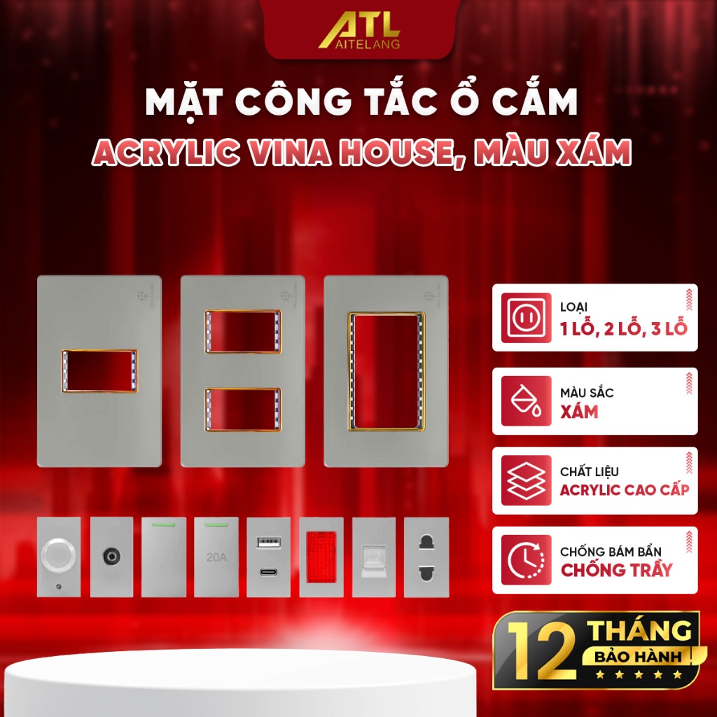 Mặt công tắc ổ cắm Acrylic màu xám VinaHouse cao cấp, sang trọng, bền đẹp, dễ lắp đặt