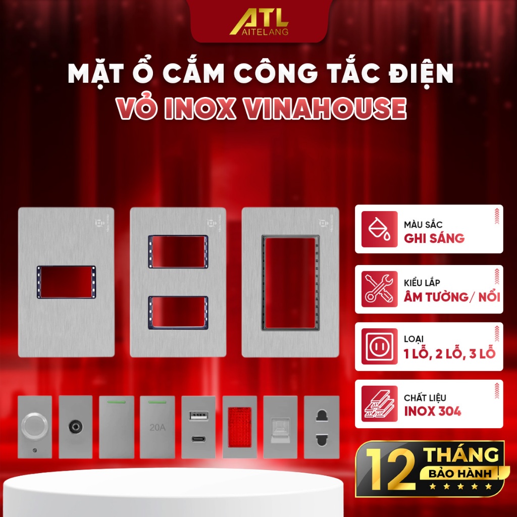 Mặt ổ cắm công tắc điện VinaHouse, ổ cắm vỏ Inox màu ghi xám, bền đẹp, dễ lắp đặt, an toàn điện