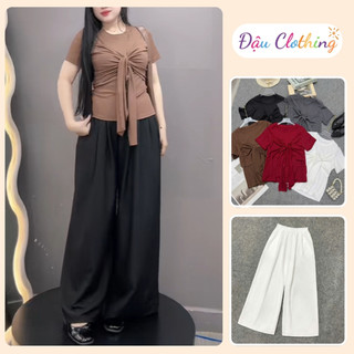 Đồ Bộ Bigsize Nữ Áo Thun Thắt Nơ Tay Ngắn Phối Quần Lụa Ống Suông Rộng Thanh Lịch SET968