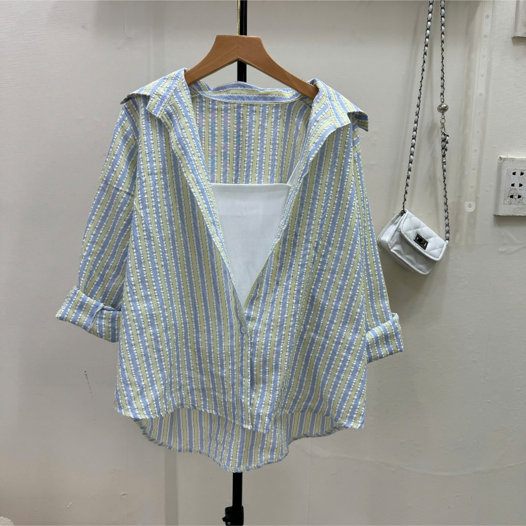 Áo Sơ Mi BigSize Nữ Sọc Mix áo 2 dây Nhẹ Dáng Oversize Che Khuyết Điểm Tôn Dáng 50-95kg A355+G118