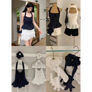 WGWE | Set Áo cổ yếm dáng xoè peplum chấm bi + buộc tóc viền bèo – W9152#