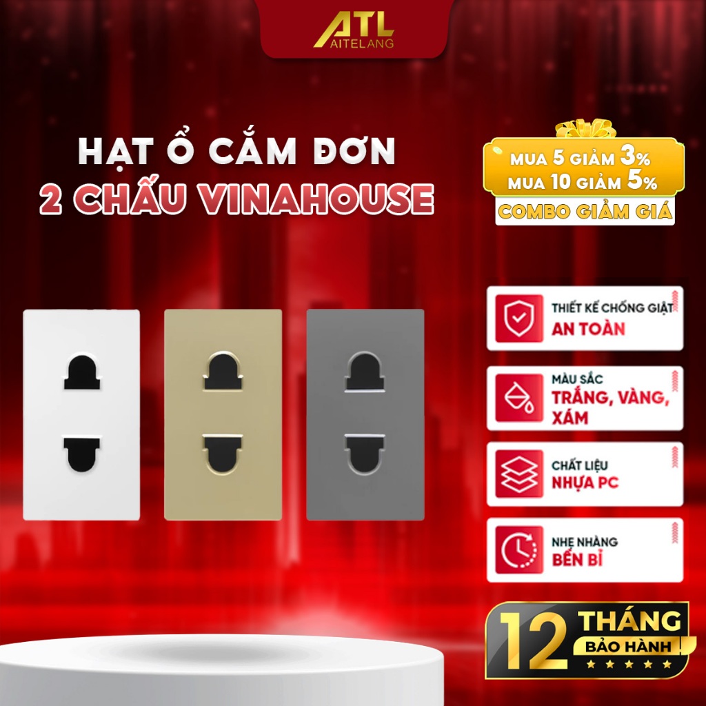 Hạt ổ cắm đơn 2 chấu Vinahouse, phụ kiện ổ cắm điện âm tường, chất liệu bền, an toàn