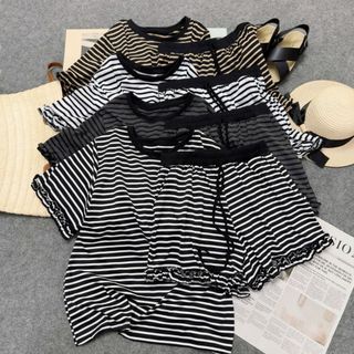 Set đồ bộ sọc nữ bigsize áo thun tay ngắn + quần short bèo dễ thương, mặc nhà thoải mái, form rộng mát mẻ SET868