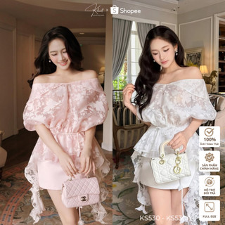 Set áo oganza Khiết Style trễ vai phối chân váy chữ A tone hồng phong cách ngọt ngào trẻ trung KS530 KS530A
