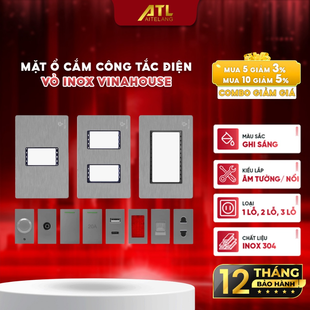 Mặt ổ cắm công tắc điện VinaHouse, ổ cắm vỏ Inox màu ghi xám, bền đẹp, dễ lắp đặt, an toàn điện