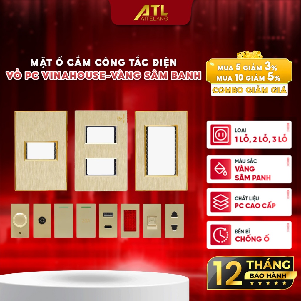 Mặt ổ cắm công tắc điện VinaHouse vỏ nhựa PC vàng sâm panh, bền đẹp, dễ lắp đặt, an toàn điện