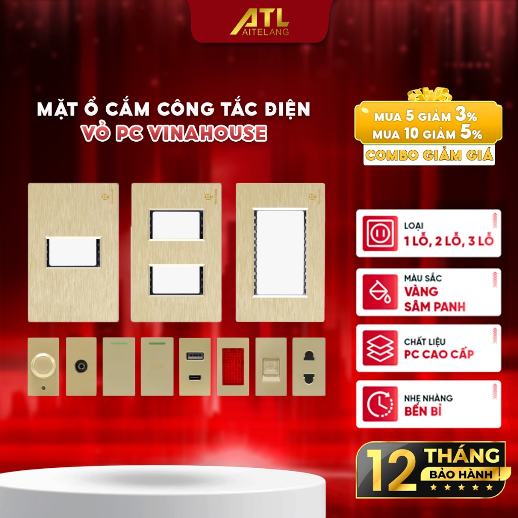 Mặt ổ cắm công tắc điện VinaHouse, vỏ nhựa PC vàng sâm panh viền vàng, bền đẹp, dễ lắp đặt