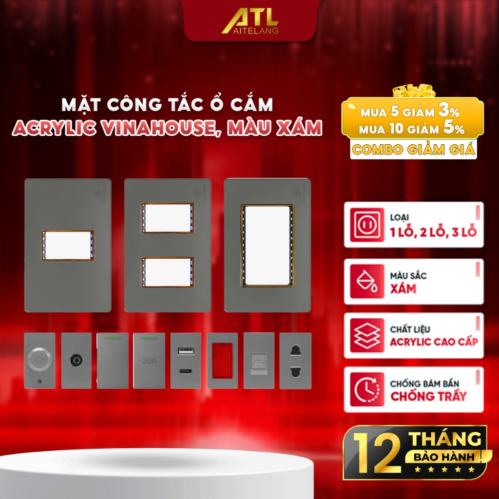 Mặt công tắc ổ cắm Acrylic màu xám VinaHouse cao cấp, sang trọng, bền đẹp, dễ lắp đặt