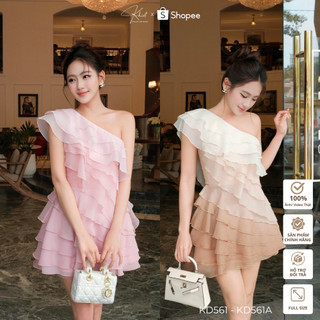 Đầm Khiết lệch vai tầng bèo oganza phối tơ nữ hoàng hồng pastel phong cách thanh lịch KD561 KD561A