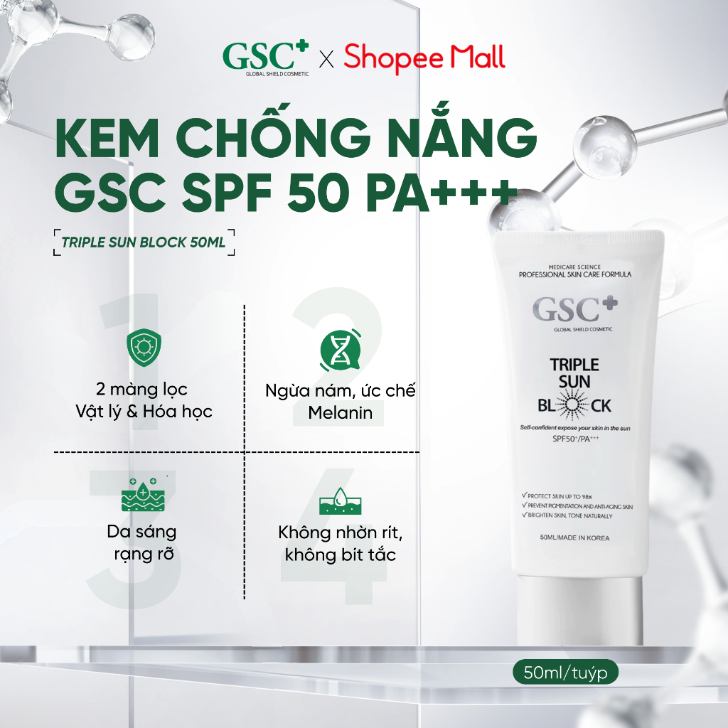 Kem Chống Nắng Nâng Tone Hàn Quốc GSC SPF 50+ / PA+++ - Phổ Rộng Dạng Vật Lý Lai Hóa Học Triple Sun Block 50ml - GC030A
