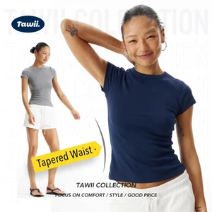 Tawii.Áo thun nữ Áo phông cotton trơn Áo thun cổ tròn nữ Thắt Eo co dãn 4 chiều Đủ Màu (Từ 45kg-67kg)