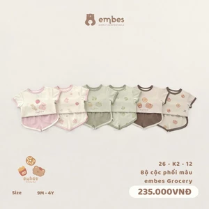 Bộ Cộc Tay Embes, Bộ Quần Áo Cộc Tay In Hình Phối Quần Vạt Bầu Chất Cotton Mềm Mát Cho Bé Từ 8-18Kg