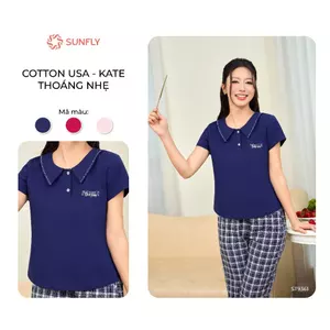 Đồ bộ mặc nhà nữ cộc tay quần ngố kate kẻ caro áo cotton USA  co dãn thoải mái SUNFLY ST9361
