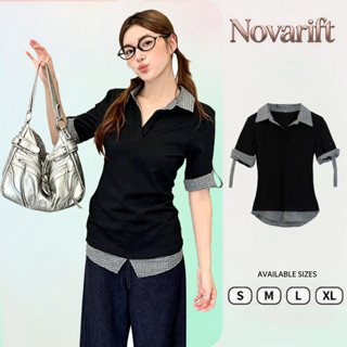 Nova-Áo kiểu ôm sát, cổ bẻ, tay ngắn, kẻ caro, dành cho nữ, kiểu hai mảnh.