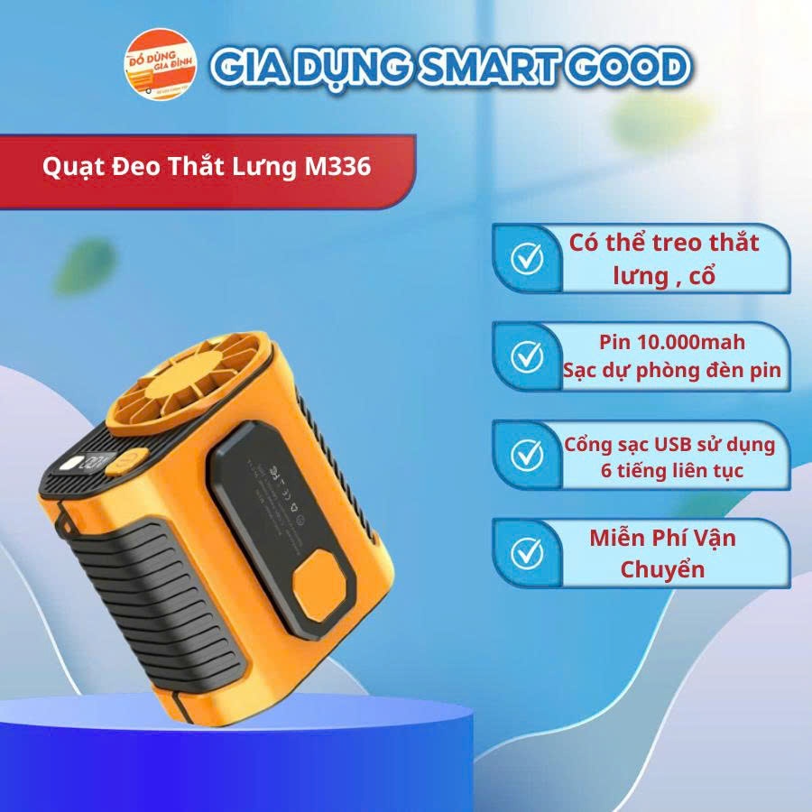 Quạt Đeo Thắt lưng M336 - siêu mát- dung lượng 10000mah, sử dụng liên tục 6 tiếng