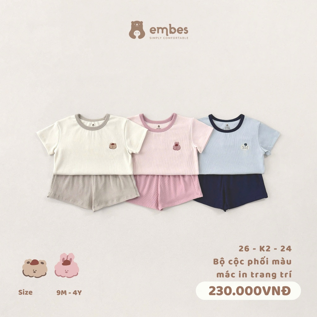 Bộ Cộc Cho Bé Embes, Bộ Cộc Tay Phối Màu Thêu Hình Chất Cotton Mềm Thoáng Mát Cho Bé Từ 8-17Kg