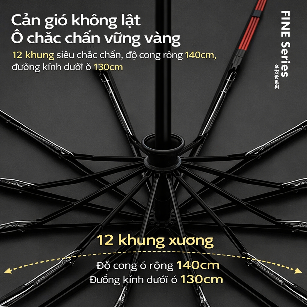 Ô Che Mưa 140CM Tán Siêu Rộng 12 Nan Chống Gió Cao Cấp,Chống Nắng Mưa,Dùng 4 Mùa,Tán Rộng Che 2-3 Người Hiệu Quả