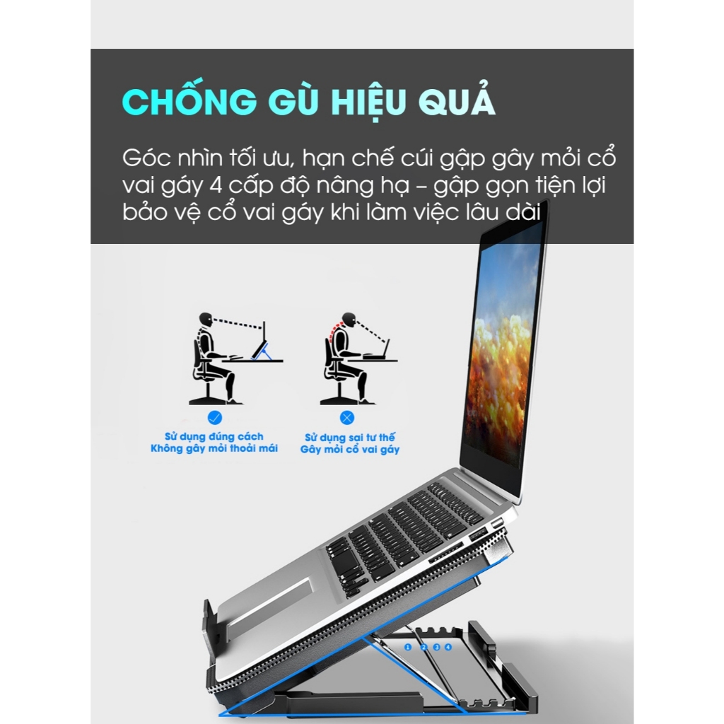 Đế Tản Nhiệt Laptop Q100 8 Quạt Tản Nhiệt Siêu Mát, Giá Đỡ Laptop 4 Mức Điều Chỉnh Độ Cao, Chống Ồn