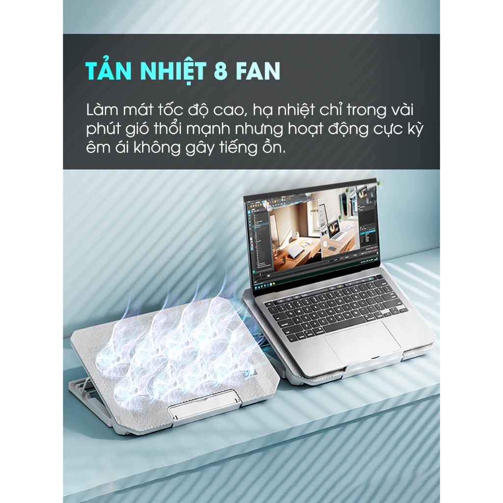 Đế Tản Nhiệt Laptop Q100 8 Quạt Tản Nhiệt Siêu Mát, Giá Đỡ Laptop 4 Mức Điều Chỉnh Độ Cao, Chống Ồn