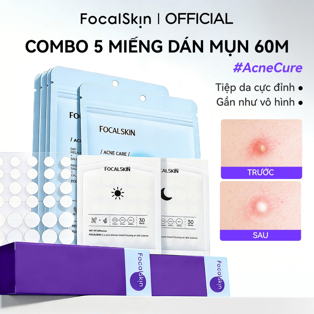 FOCALSKIN COMBO SIÊU HỜI 3~5 Gói Miếng Dán Mụn Ngày Đêm 60M Mỏng 0.01mm Hút Mụn+Giảm Sưng+Che Mụn
