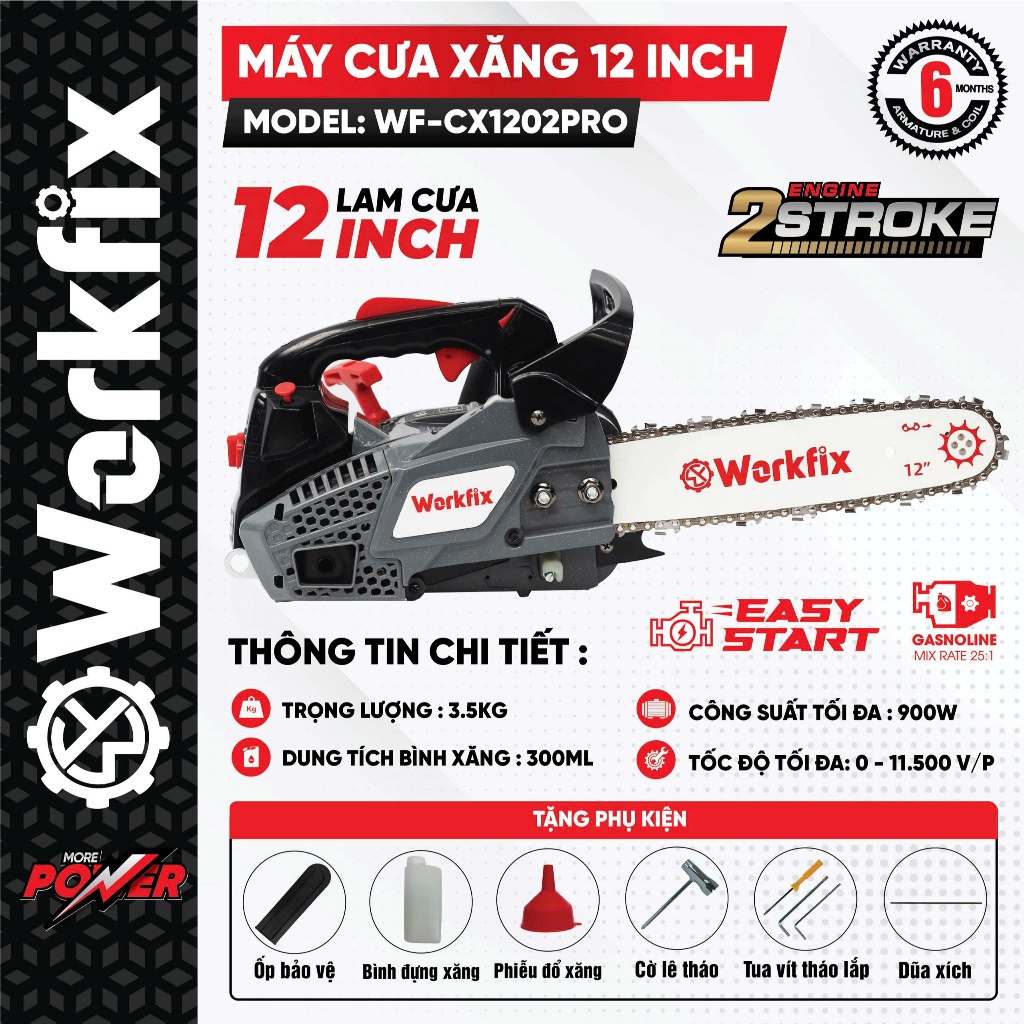 [FULL PHỤ KIỆN] Máy Cưa Xích Chạy Xăng Workfix 12In WF-CX1202PRO, Bơm nhớt tự động