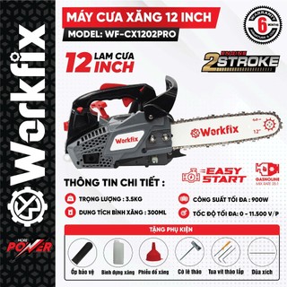 Máy cưa xích xăng Workfix WF-CX1202PRO Công suất 900w Động cơ 25.4cc lõi đồng 2 thì - MÁy cưa chạy xăng Workfix