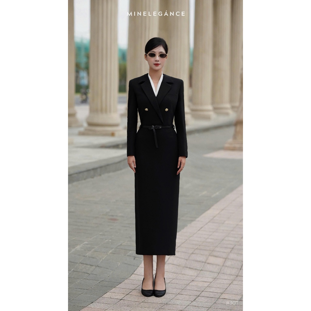 MINELEGÁNCE - VÁY CỔ VEST PHỐI KHUY DÁNG DÀI THANH LỊCH, SANG TRỌNG - MIN307