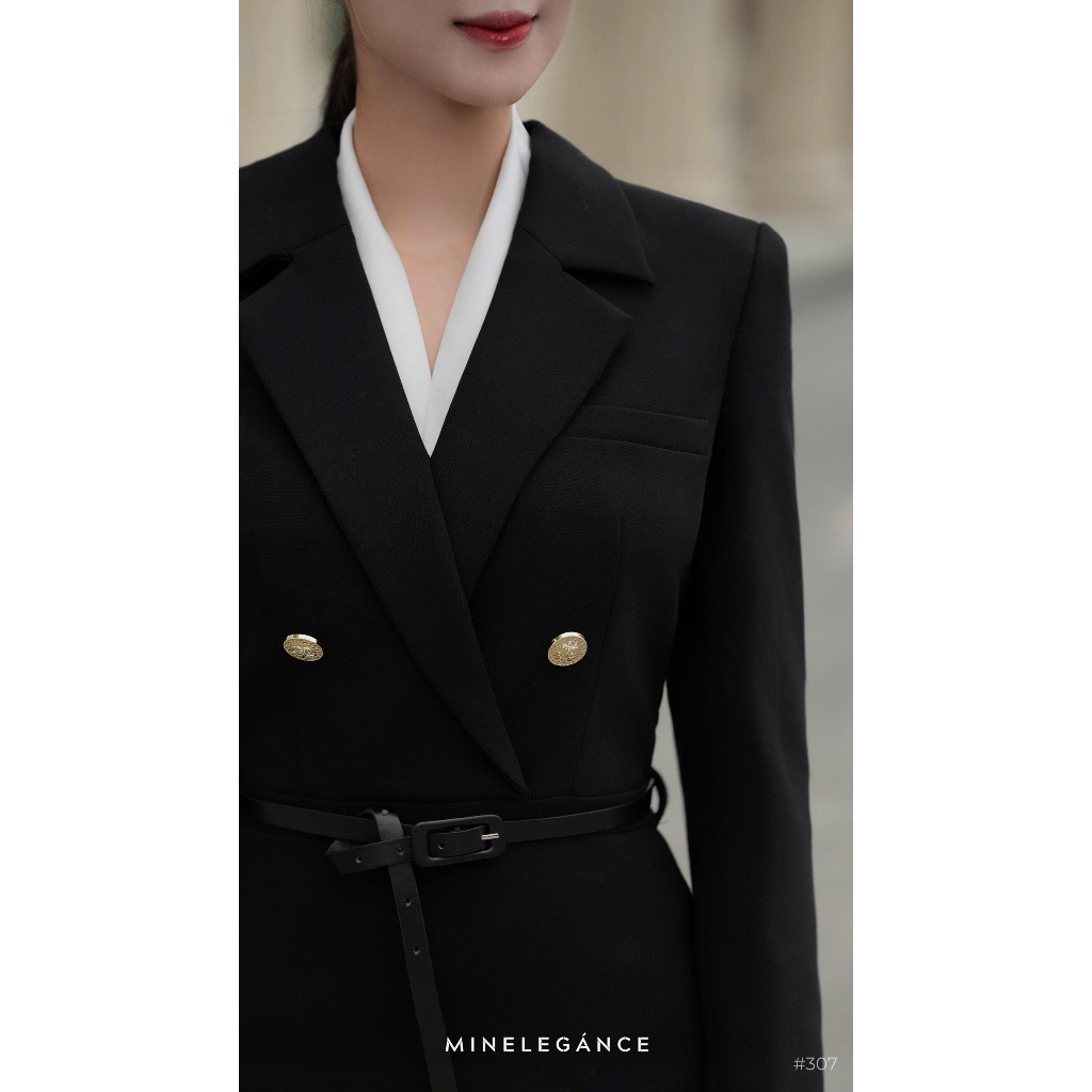 MINELEGÁNCE - VÁY CỔ VEST PHỐI KHUY DÁNG DÀI THANH LỊCH, SANG TRỌNG - MIN307
