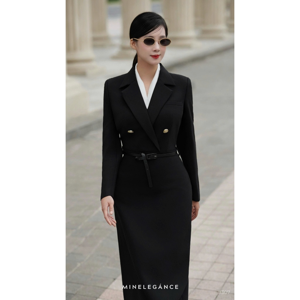 MINELEGÁNCE - VÁY CỔ VEST PHỐI KHUY DÁNG DÀI THANH LỊCH, SANG TRỌNG - MIN307