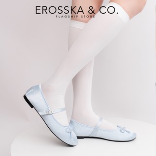 Erosska - Giày balletcore quai ngang mũi nhăn, phối nơ kiểu dáng basic cao 1cm màu xanh - EL118