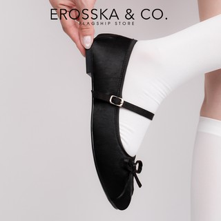 Erosska - Giày balletcore quai ngang mũi nhăn, phối nơ kiểu dáng basic cao 1cm màu xanh - EL118