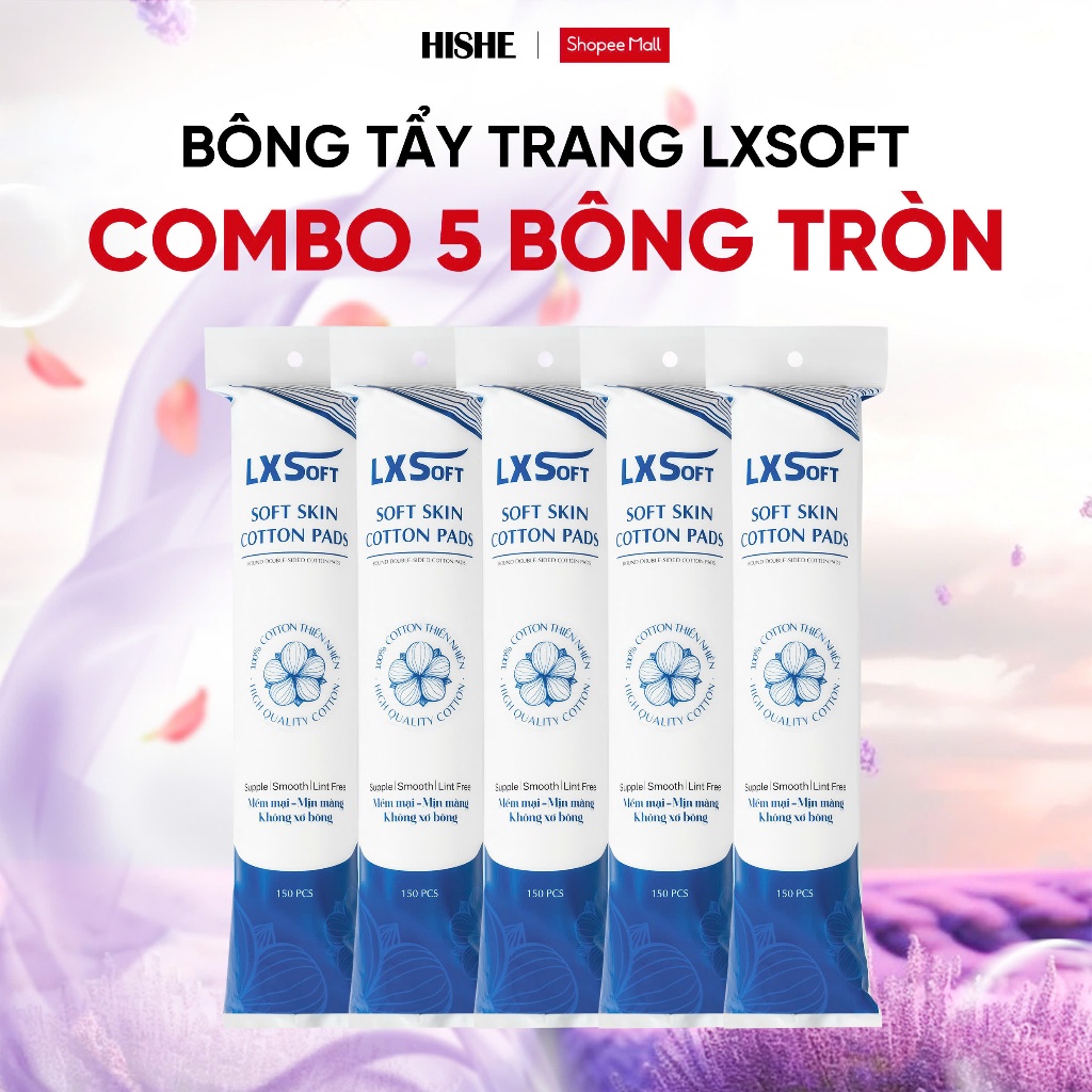 Combo 5 Bông tẩy trang LXSoft mềm mại- 100% cotton Dập viền chắc chắn - Không xơ bông