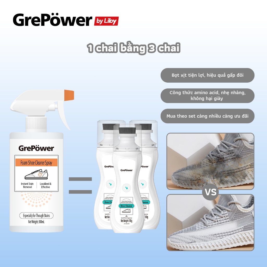 Bọt Xịt Vệ Sinh Giày GrePower Phiên Bản Mới Mẹ Bỉm Tin Dùng – Làm Sạch Từng Chỗ, Không Cần Giặt Cả Đôi, Chỉ Phun Chải Là