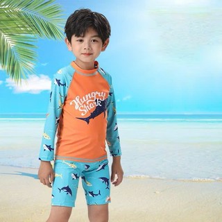 BK59 (Kèm Mũ) Đồ Bơi Bé Trai Họa Tiết CÁ MẬP CAM - KHỦNG LONG, Đồ Bơi Chống nắng cho bé trai tặng kèm mũ 10-40kg