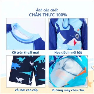 BK59 (Kèm Mũ) Đồ Bơi Bé Trai Họa Tiết CÁ MẬP CAM - KHỦNG LONG, Đồ Bơi Chống nắng cho bé trai tặng kèm mũ 10-40kg