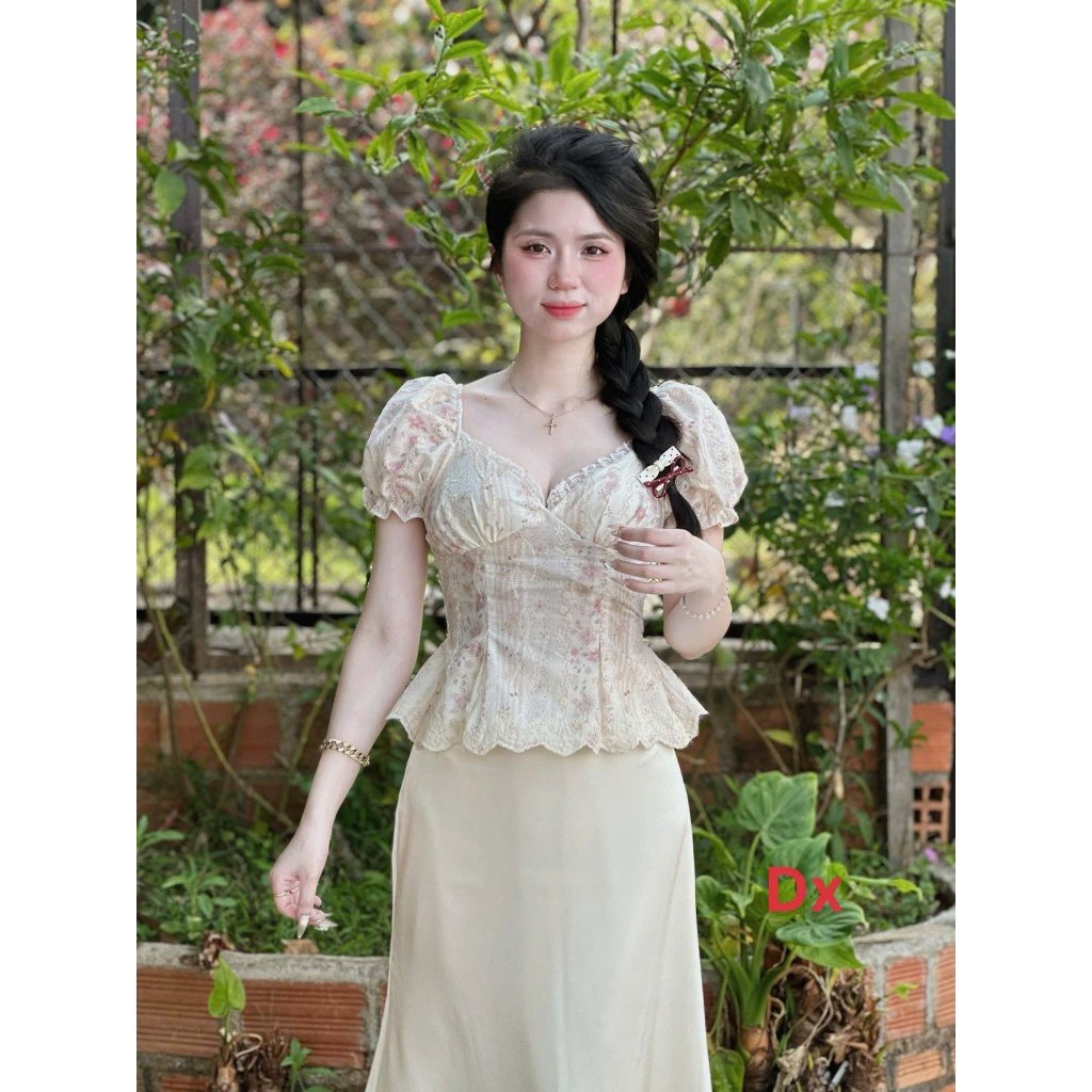 Set áo thô thêu váy tơ dài nữ dáng ôm nhẹ thanh lịch tiểu thư vintage mặc đi tiệc dạo phố cực xinh