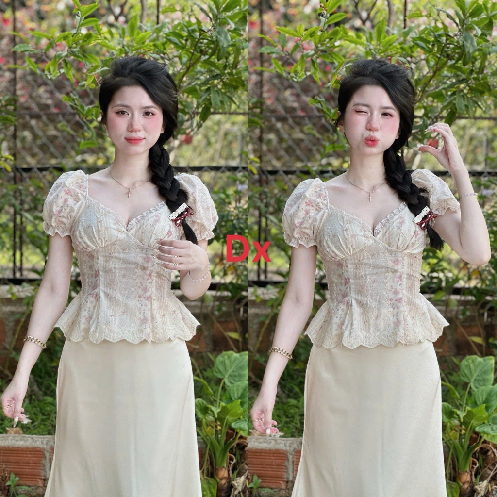 Set áo thô thêu váy tơ dài nữ dáng ôm nhẹ thanh lịch tiểu thư vintage mặc đi tiệc dạo phố cực xinh