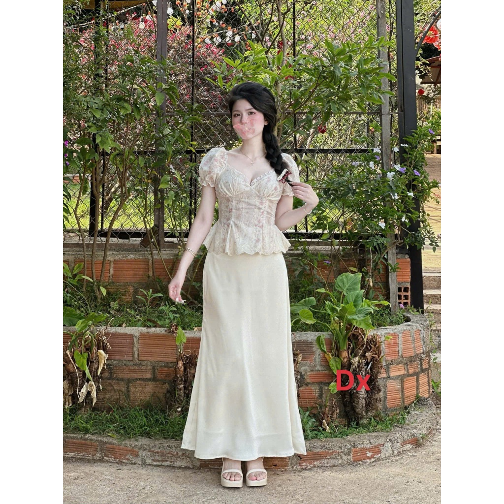 Set áo thô thêu váy tơ dài nữ dáng ôm nhẹ thanh lịch tiểu thư vintage mặc đi tiệc dạo phố cực xinh