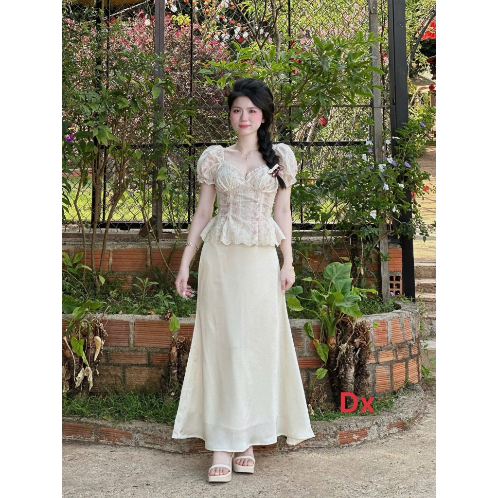 Set áo thô thêu váy tơ dài nữ dáng ôm nhẹ thanh lịch tiểu thư vintage mặc đi tiệc dạo phố cực xinh