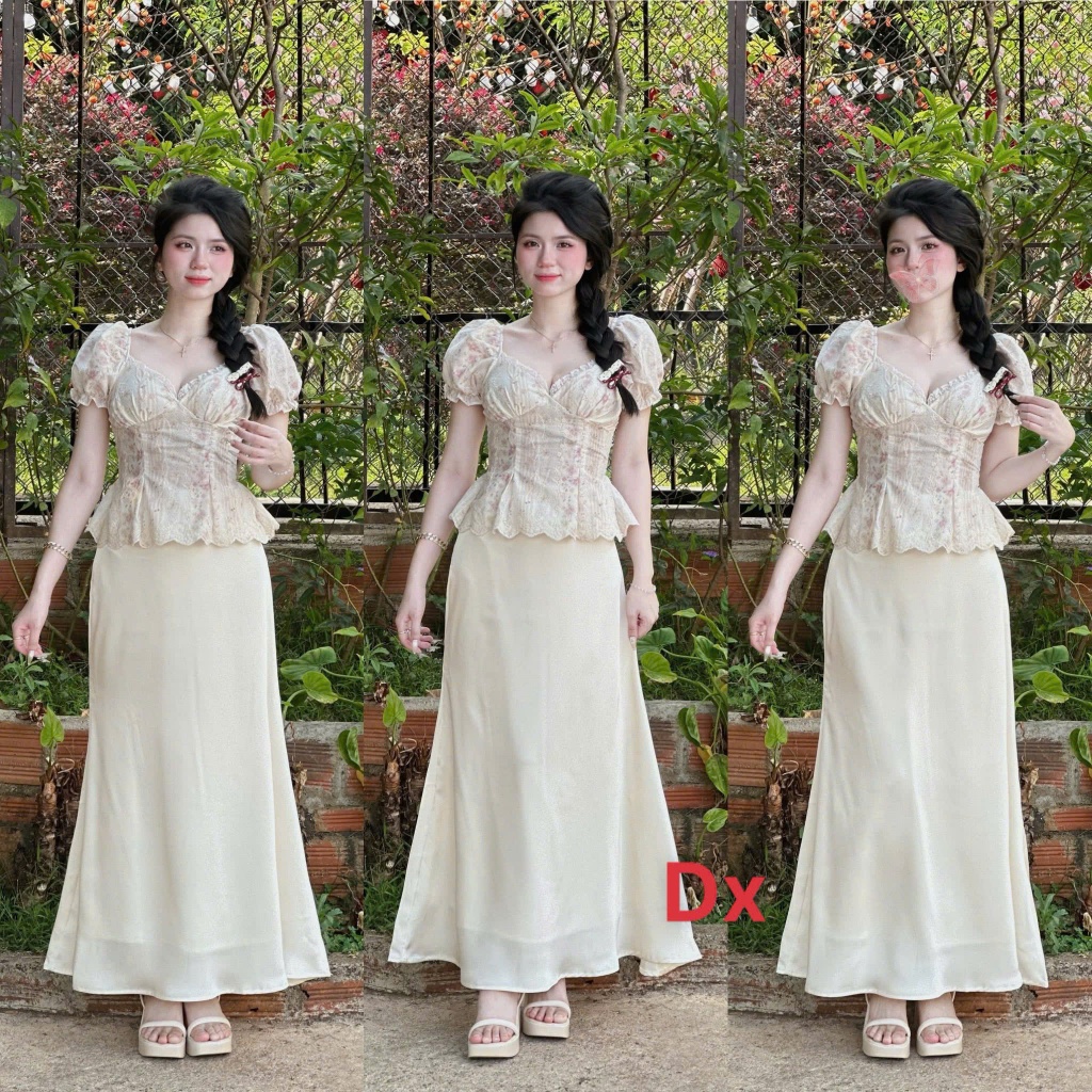 Set áo thô thêu váy tơ dài nữ dáng ôm nhẹ thanh lịch tiểu thư vintage mặc đi tiệc dạo phố cực xinh